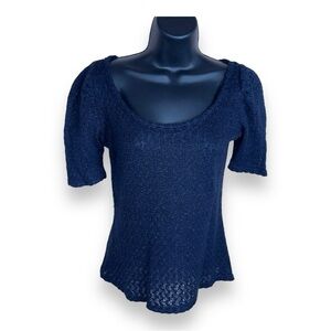 SMALL ROMY DARK BLUE KNIT TOP Y2K STYLE STRETCH HALF SLEEVE SCOOP NECKLINE